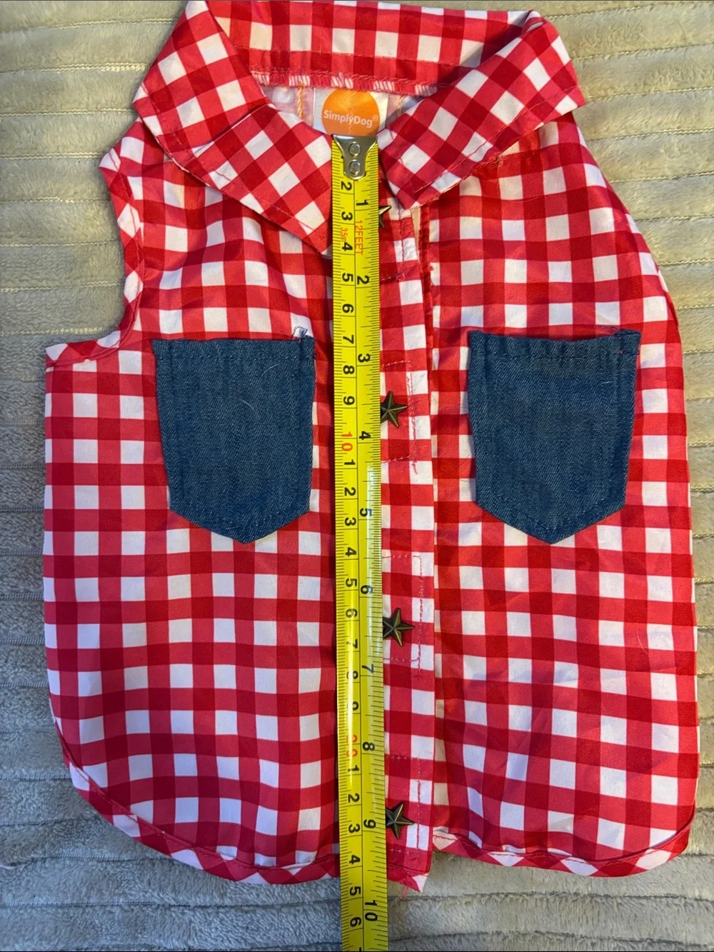Red Gingham Dog Shirt with Denim Pockets - never worn, XS size